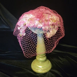 Vintage Pink Floral Hat With Veil And Silk Flowers, Removable Netting - Picture 1 of 5