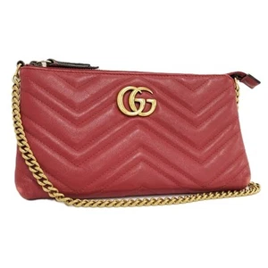 GUCCI Chain Shoulder Bag GG Marmont Leather Red From Japan - Picture 1 of 10