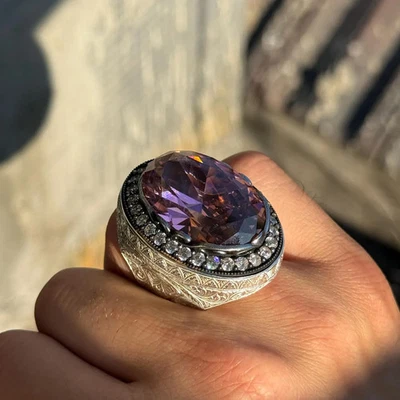 Men's Large Moissanite Quartz Ring – Heavy Turkish Handmade Statement Ring - Image 1 of 4