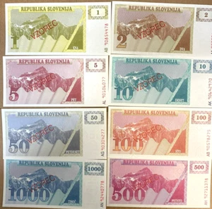 SLOVENIA 1990 SPECIMEN SET of 8 NOTES , 1 - 1000 TOLARJEV RANDOM SERIALS ## UNC - Picture 1 of 2