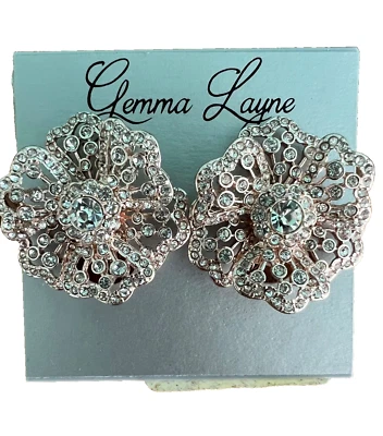 GEMMA LAYNE Clip-on Earrings Rhinestone Crystals Flower Rose Gold Tone NEW - Image 1 of 4