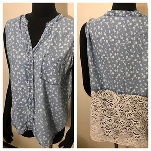 4OUR DREAMERS L RAYON Top Blue Sleeveless Tank Floral 1/2 Lace Back - Picture 1 of 8