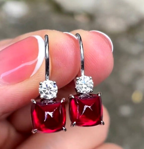 14K White Gold Filled Cushion Lab-Created Red Ruby Women's Drop/Dangle Earrings
