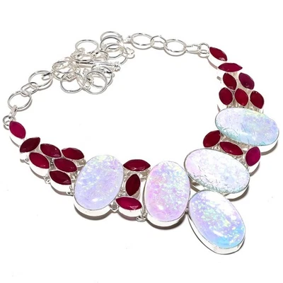 Tripletta Fuoco Opale, Rosso Giada Gemma 925 Argento Sterling Gioielli Collana - Immagine 1 di 4