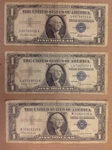 3 Old Circulated US Currency 1957, 1957A & 1957B $1 Silver Certificate Banknotes - Picture 1 of 2