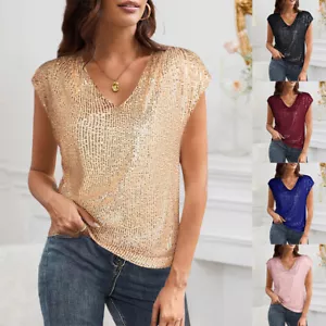 Womens Sexy Sequin Vest Tops Tank Sleeveless Bling Glitter Party T-shirt Blouse - Picture 1 of 28
