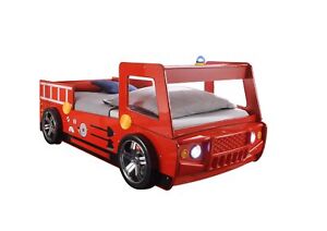 Autobett Löschi Feuerwehr 90*200 cm Rot Hochglanz LED-Beleuchtung Kinderbett 