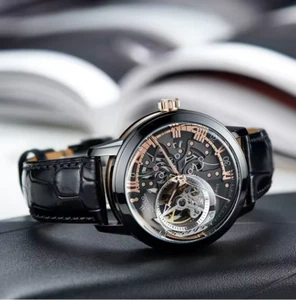 OBLVLO Luxusuhr für Männer Skelett Zifferblatt Herrenuhr Lederband Uhr - Bild 1 von 7