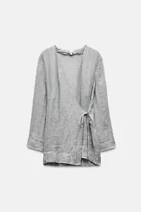 ZARA ZW Collection Flowing 100% Linen Kimono M UK 10 12 Light Grey Tie True Wrap - Picture 1 of 18