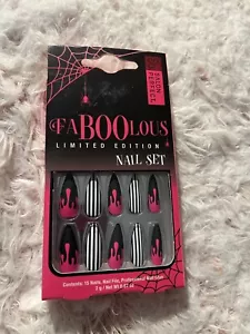 Faboolous Limited Edition Halloween Beetle juice Theme Nail Set Black pink new - Picture 1 of 2