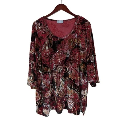 Catherines Burnout Бархатный Топ 2X Бургундский Цветочный Пейсли - Изображение 1 из 4