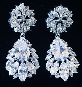 EARRING made with Swarovski Crystal Dangle Drop Wedding Bridal Rhodium Silver - Picture 1 of 8