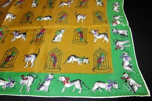 Vintage Hankie Carol Stanley Magic Blend Momme 6 1/4 Rayon & Silk Cats Bird Cage - Picture 1 of 4
