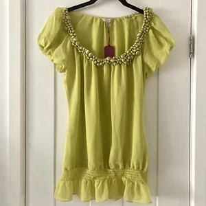Ted Baker Size 1 UK 8 Bright Green 100% Silk Blouse Beaded Neckline Puff Sleeves - Picture 1 of 11