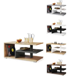 Couchtisch Kaffetisch Sofatisch Linius mit Ablagen  Weiß Schwarz Eiche 03  - Bild 1 von 19