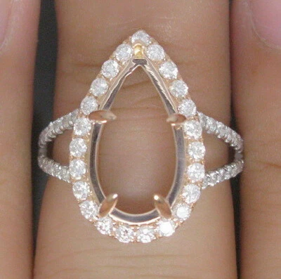Solid 14K Gold Natural Diamond Semi Mount Split Shank Prong Ring Pear 15x10mm - Image 1 of 4
