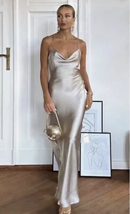 ZARA NEW WOMAN MIDI STRAPPY SATIN CAMISOLE DRESS Backless Neutral Maxi Gown S - Picture 1 of 3