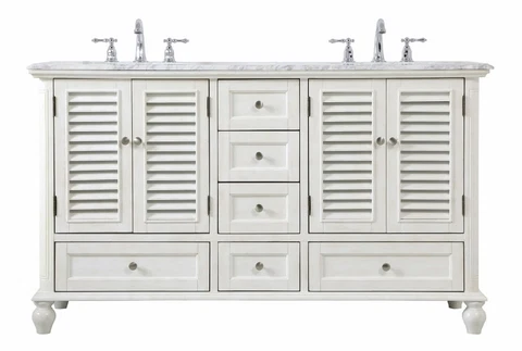 60 Inch 6 Drawer Double Bathroom Vanity Sink Set-Antique White Finish Cover