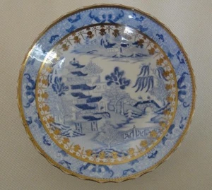ANTIKE EUROPÄISCHE TRANSFERWARE BLAU & WEISS 24K GOLD CHINOISERIE SCHÜSSELPLATTE - Bild 1 von 12