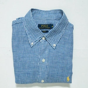 Ralph Lauren Men’s Size M Blue / White Check Button Down Shirt Long Sleeve Linen - Picture 1 of 14