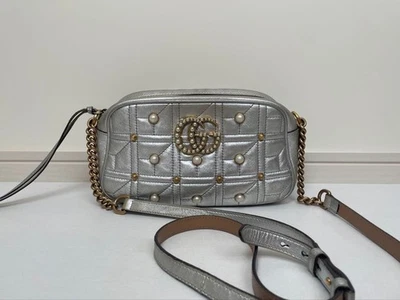Gucci GG Marmont Quilted Leather Chain Shoulder Bag Silver pearl studs - Image 1 of 4