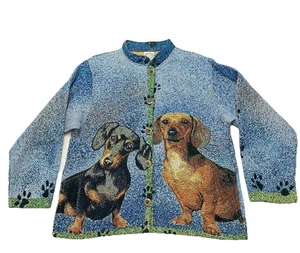 Vintage 90’ Sugar Street Weavers Tapestry Cardigan Pullover Gr. L Hund Dackel Design - Bild 1 von 12