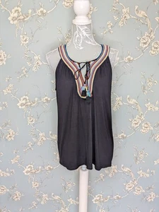 Monsoon Women top sz 14 Black Embroidered V-Neck Halter neck sleeveless casual - Picture 1 of 9