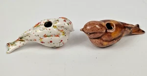 Set of 2 Vintage Ceramic Macrame Bird Beads White & Brown Speckled 3" - Picture 1 of 12
