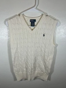 Polo Ralph Lauren V-Neck Sweater Vest Girl’s Size Medium (10-12) Cream Cableknit - Picture 1 of 3