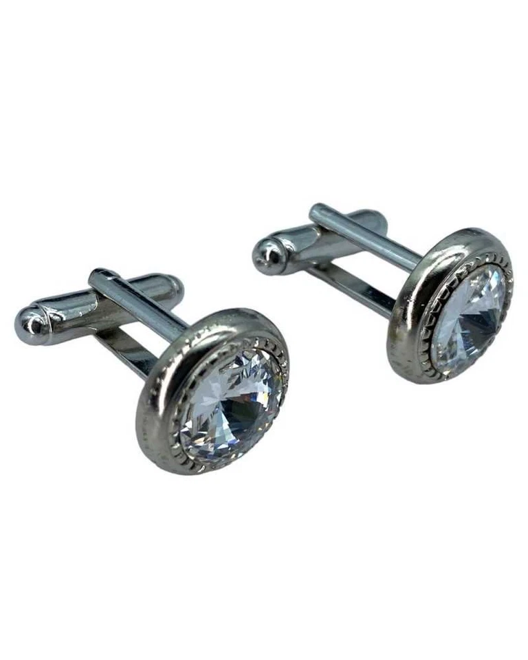 Gemelli Bottoni Rotondi Strass Metallo Lucido Argento M-9756 - Immagine 1 di 3