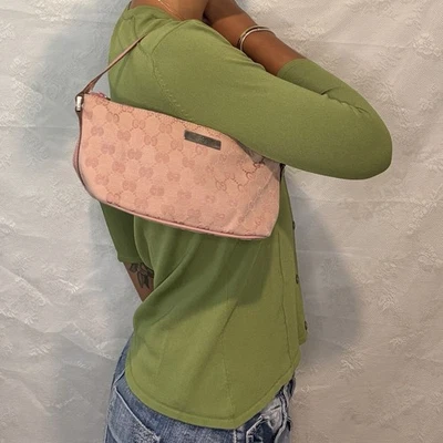 Rare Vintage y2k Gucci GG monogram in pink canvas leather mini handbag Purse - Image 1 of 4