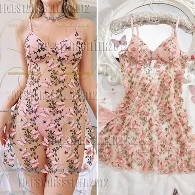 Lady Romantic Nightdress Sexy-Lingerie Embroidery Sheer Lace Babydoll Mesh Dress - Image 1 of 3