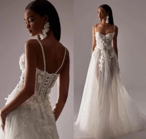 Wedding Dresses Spaghetti Strap Sequins Flower Applique Lace-up Ruffles A Line - Picture 1 of 14