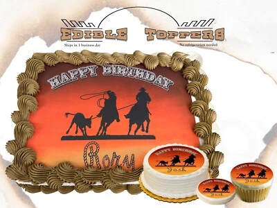 FROSTING SHEETS - ICING IMAGE BRAND Cowboy Birthday Cake topper Edible paper sugar sheet picture image roping rodeo