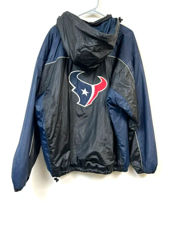 Mens Blue Red Stiped Full Zip Hooded HEAVY Jacket Coat - Houston Texans - XL Cover