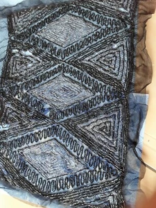  tulle brodé  par perles ancienne jais verre42cmx29cm@ OLD - Picture 1 of 8