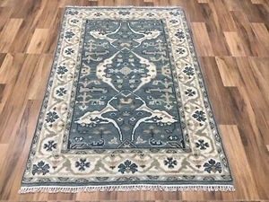 Handmade Wool Oushak Rug 3x5 ft – Vintage Turkish Style Dark Blue & Ivory Carpet - Picture 1 of 9