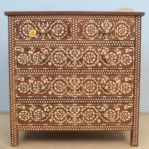 Handmade Wooden Bone Inlay Unique Floral Design Chest of 5 Drawers - Picture 1 of 8