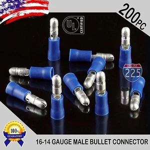 200 Pack 16-14 Gauge Blue Male Bullet Connectors Fully Insulated Vinyl .156" UL - Bild 1 von 1