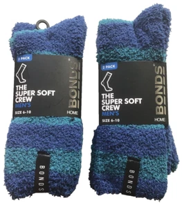 4 PAIRS SZ 6-10 MENS BONDS BLUE STRIPE SUPER SOFT CREW LENGTH HOME/BED SOCKS - Picture 1 of 3