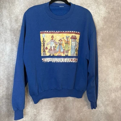 复古 90 年代原始猫民谣运动衫 Purrfect Friends 女式 L 码蓝色 — 第 1/4 张图片