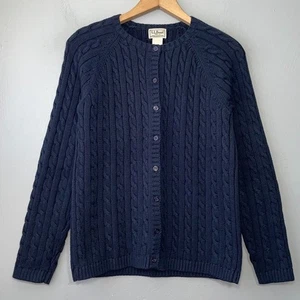 Vtg LL Bean Size Medium Navy Blue Chunky Cable Knit Sweater Cardigan Fisherman - Picture 1 of 8