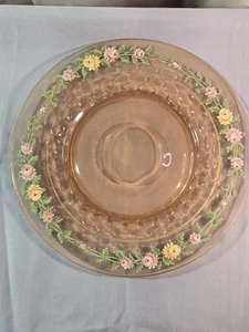 Plato para servir vintage de vidrio rosa de la depresión pintado a mano floral 14" - Imagen 1 de 12
