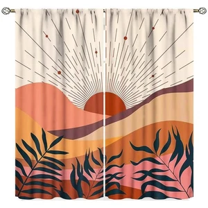 Bohemian Mid Century Boho Curtains, Sunset Sunrise Tropical Leaf Plants Cactu... - Bild 1 von 6