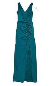 David's Bridal Juniper V-Neck Ruched Green Formal Dress Gown with Slit Size 0 - Picture 1 of 14
