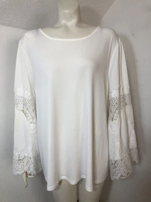 Valerie Stevens Womens XL White Knit Top Flared Lace Trim Long Sleeves Stretch - Image 1 of 4
