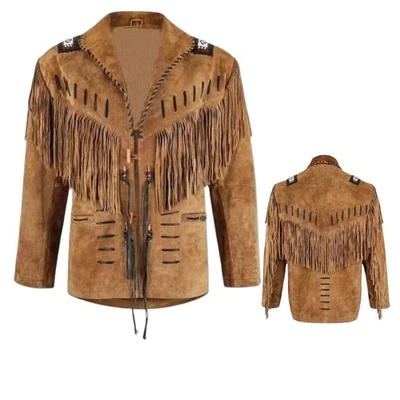 Men Western Cowboy Suede Fringe Jacket Beaded Native American Leather Jacket - Image 1 of 4