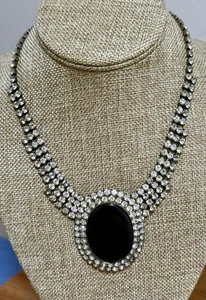 Vintage Strass Halskette schwarz Glas Mitte klar Strass Hochzeit Quinceanera - Bild 1 von 9