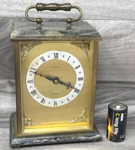 Seiko Quartz Carriage Mantel Clock Gold Brown Marble Stone Seikosha Vintage - Picture 1 of 11