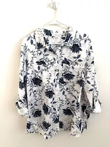 Charter Club 100% linen button down floral white/blue Rolltab sleeves XXL - Picture 1 of 6